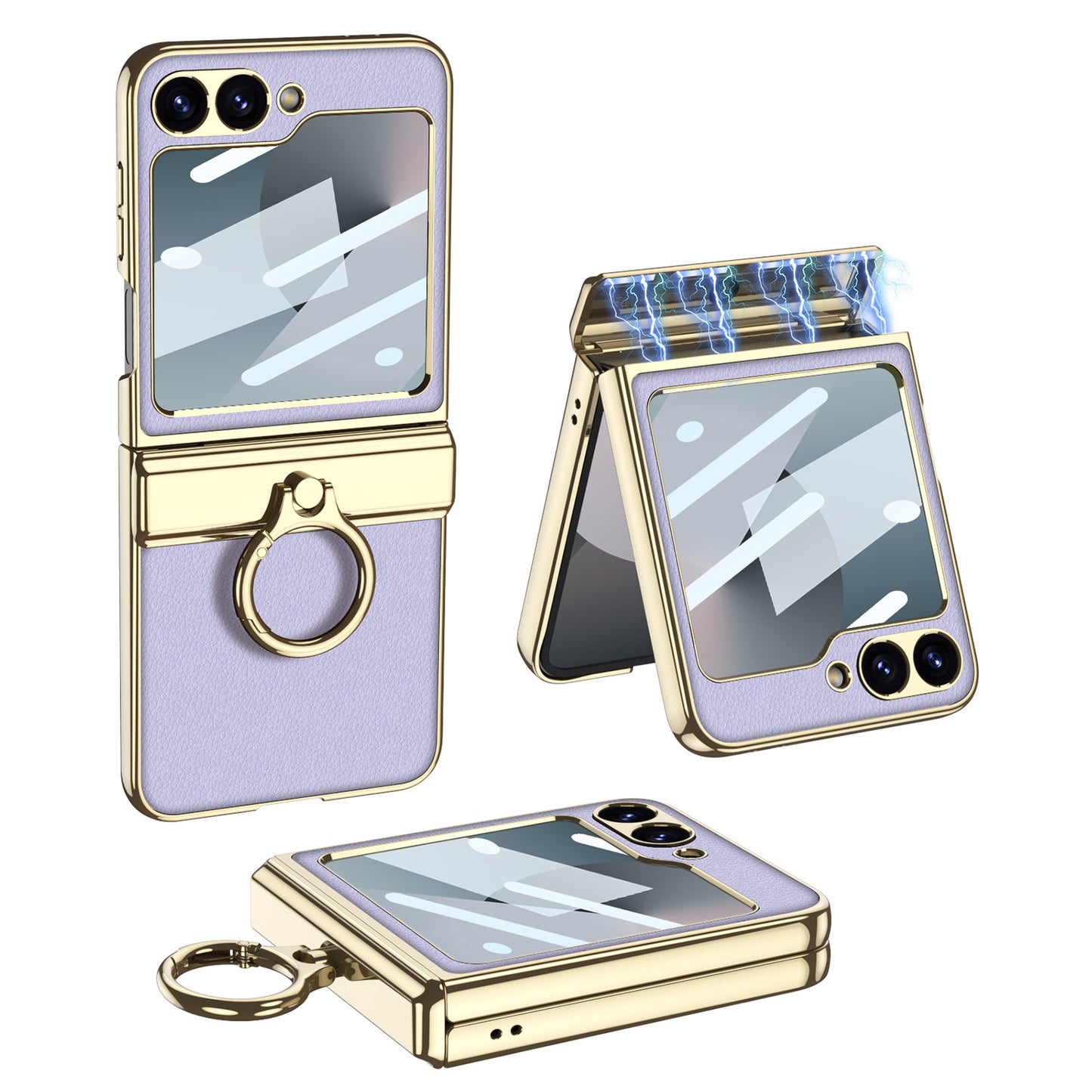 Golden Frame Leather Magnetic Hinge Ring Holder Case For Samsung Galaxy Z Flip6