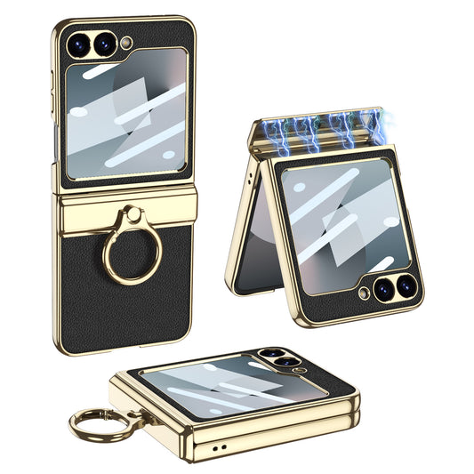 Golden Frame Leather Magnetic Hinge Ring Holder Case For Samsung Galaxy Z Flip6