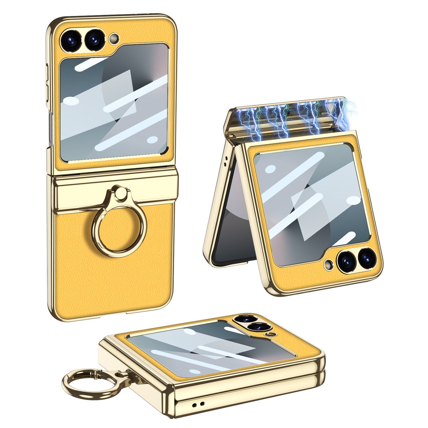 Golden Frame Leather Magnetic Hinge Ring Holder Case For Samsung Galaxy Z Flip6