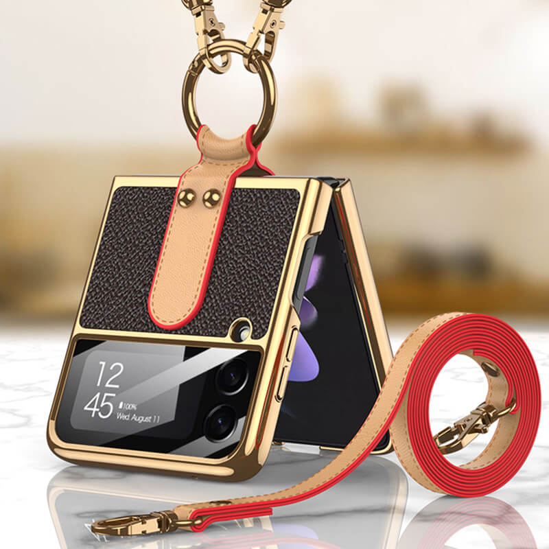Luxury Leather Back Screen Tempered Glass Hard Frame Cover For Samsung Z Flip 3 5G With Lanyard