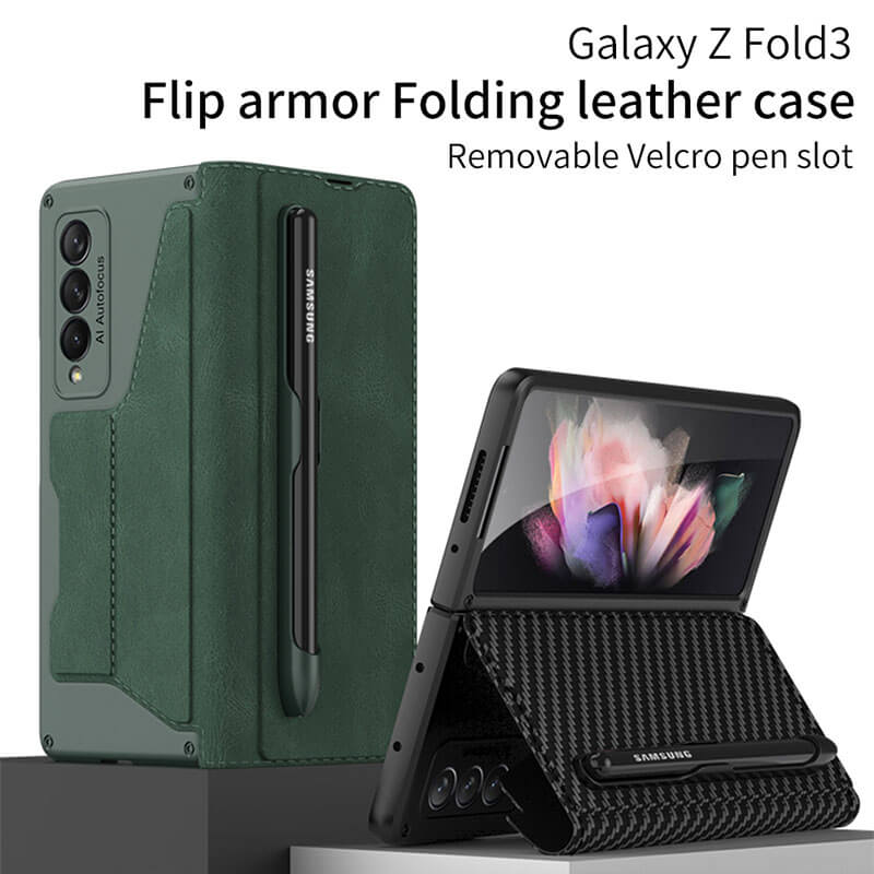 Leather Pen Holder Armor Back Case For Samsung Galaxy Z Fold 3 5G