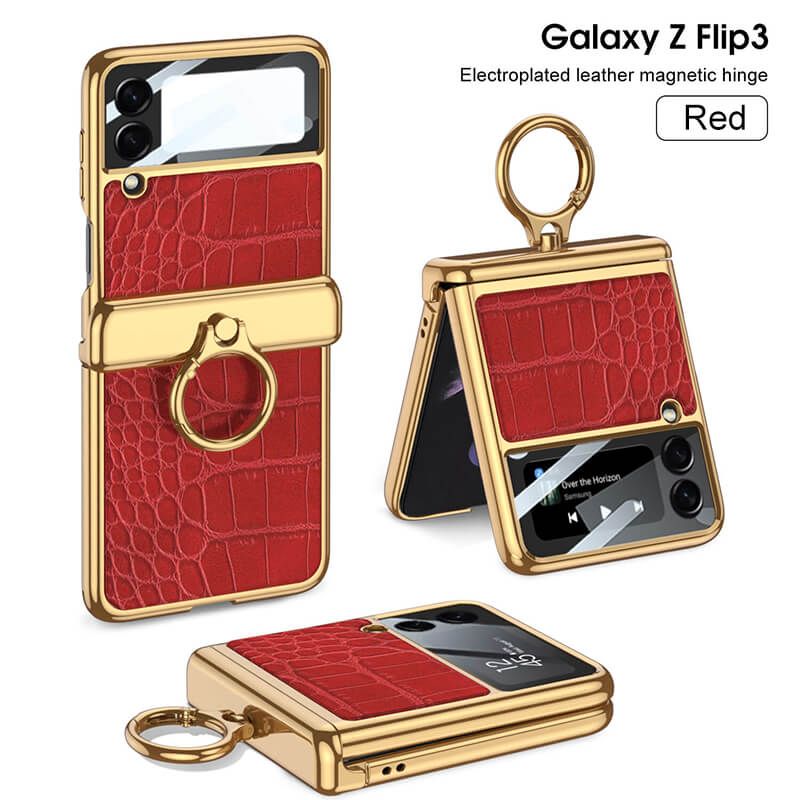 Golden Frame Leather Magnetic Hinge Ring Holder Case For Samsung Galaxy Z Flip5 Flip4 Flip3