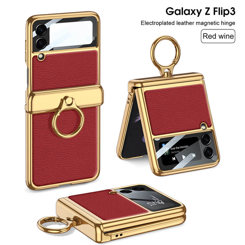 Golden Frame Leather Magnetic Hinge Ring Holder Case For Samsung Galaxy Z Flip5 Flip4 Flip3
