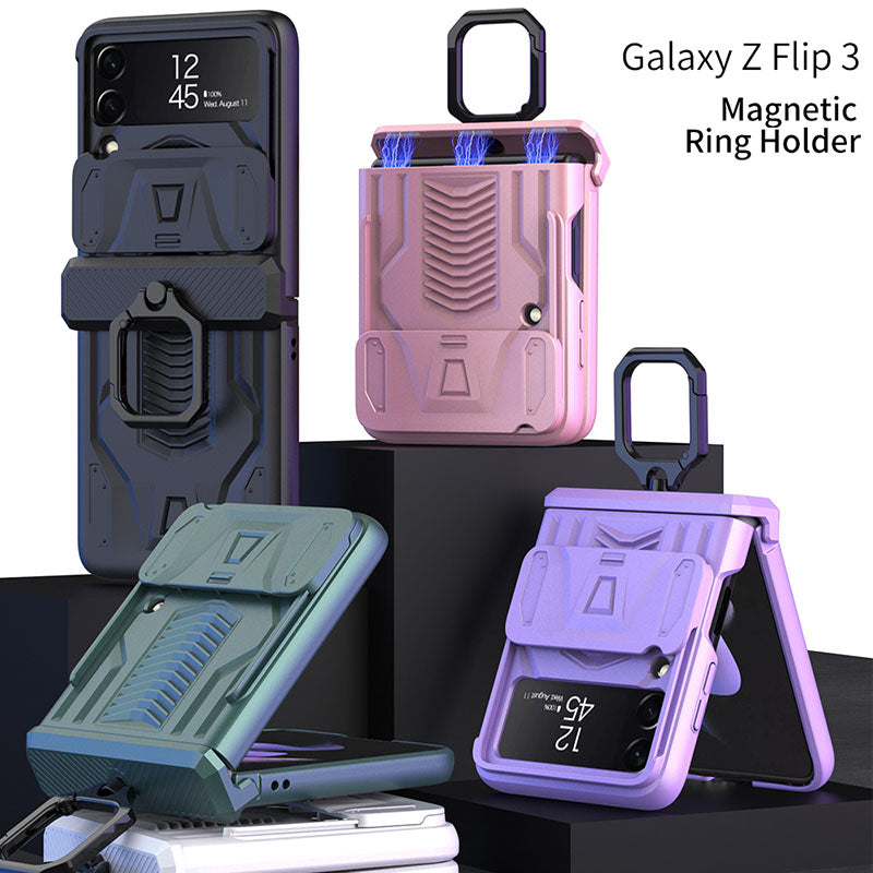 Magnetic Armor Ring Holder Case For Samsung Galaxy Z Flip 3 5G With Lens Protection Cap