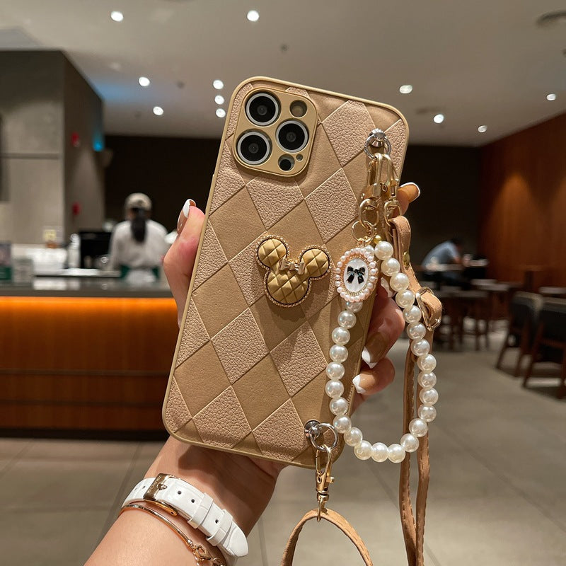 Stylish Leather Mickey iPhone Case With Pearl Bracelet + Strap