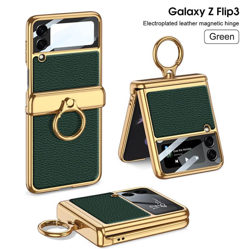 Golden Frame Leather Magnetic Hinge Ring Holder Case For Samsung Galaxy Z Flip5 Flip4 Flip3