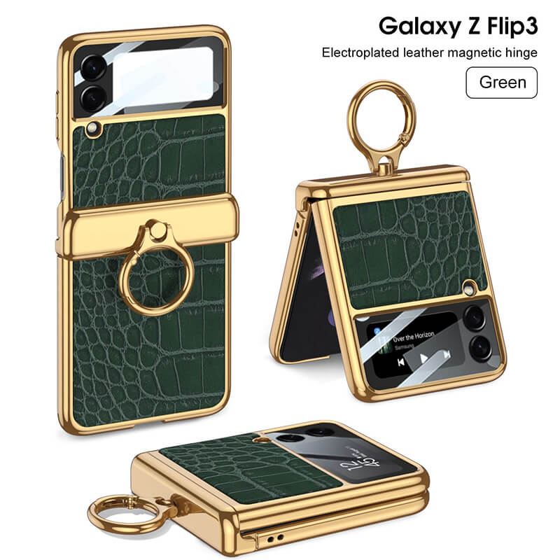 Golden Frame Leather Magnetic Hinge Ring Holder Case For Samsung Galaxy Z Flip5 Flip4 Flip3