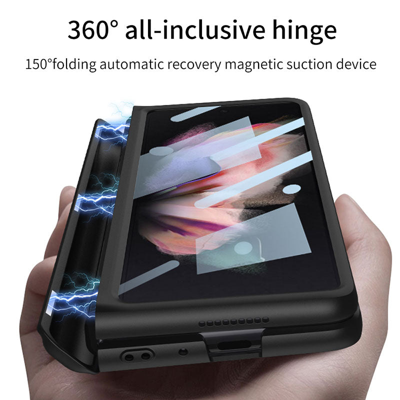 Magnetic Frame Plastic Stand Tempered Glass Screen All-included Case With Pen Slot For Samsung Galaxy Z Fold 3 5G