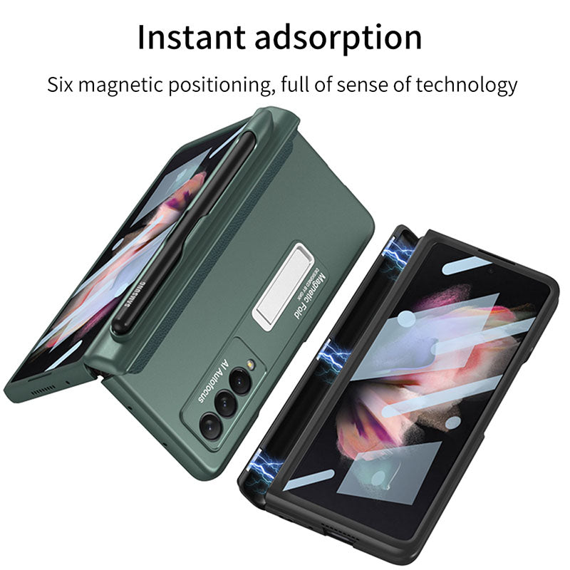 Magnetic Frame Plastic Stand Tempered Glass Screen All-included Case With Pen Slot For Samsung Galaxy Z Fold 3 5G