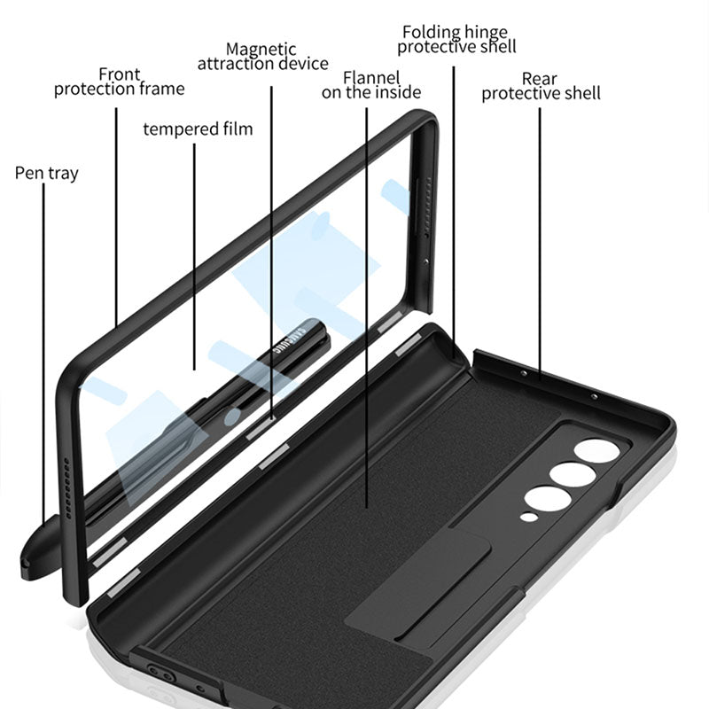 Magnetic Frame Plastic Stand Tempered Glass Screen All-included Case With Pen Slot For Samsung Galaxy Z Fold 3 5G
