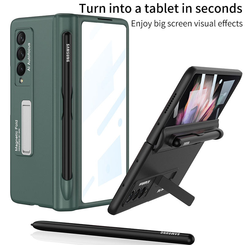 Magnetic Frame Plastic Stand Tempered Glass Screen All-included Case With Pen Slot For Samsung Galaxy Z Fold 3 5G