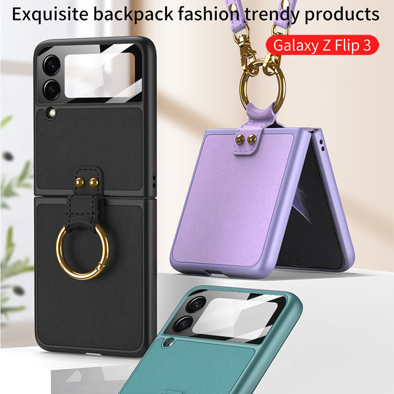 Original Leather Back Screen Tempered Glass Hard Frame Cover With Finger-Ring And Lanyard For Samsung Z Flip 3 5G