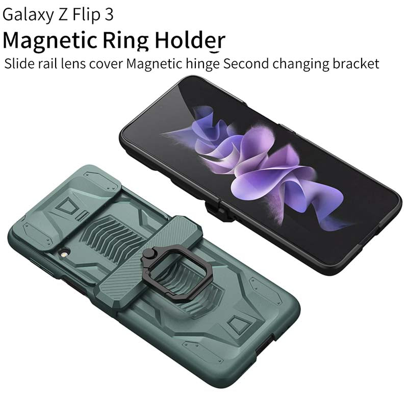Magnetic Armor Ring Holder Case For Samsung Galaxy Z Flip 3 5G With Lens Protection Cap