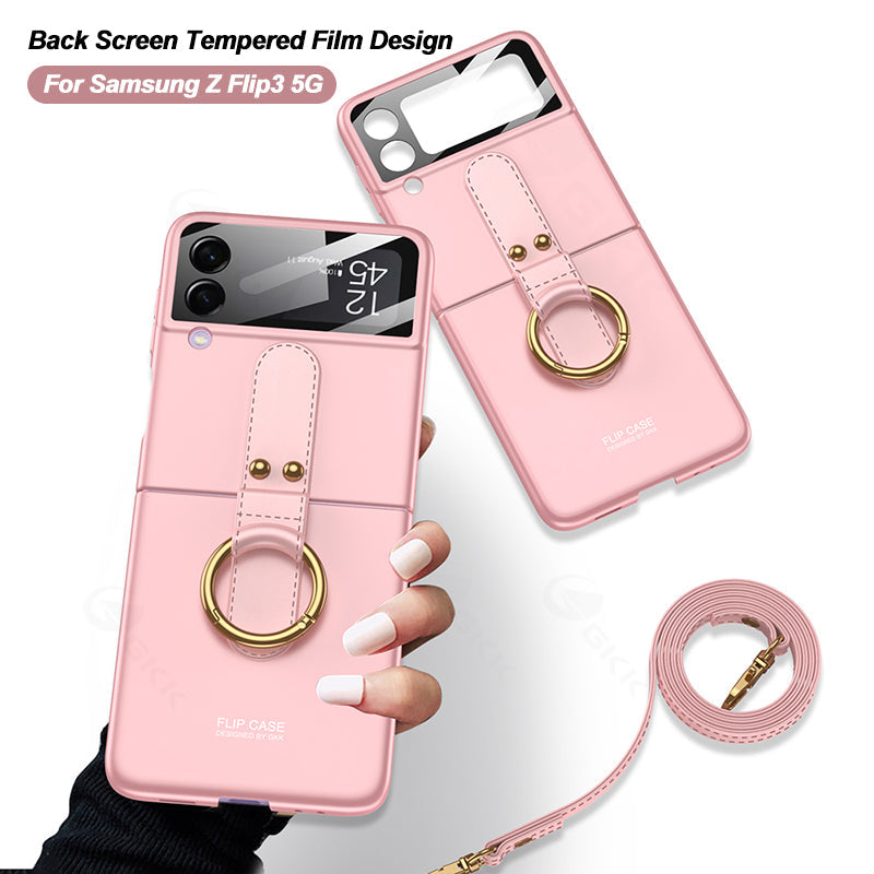 Original Back Screen Glass Matte Hard Cover With Finger-Ring And Lanyard For Samsung Z Flip3 5G