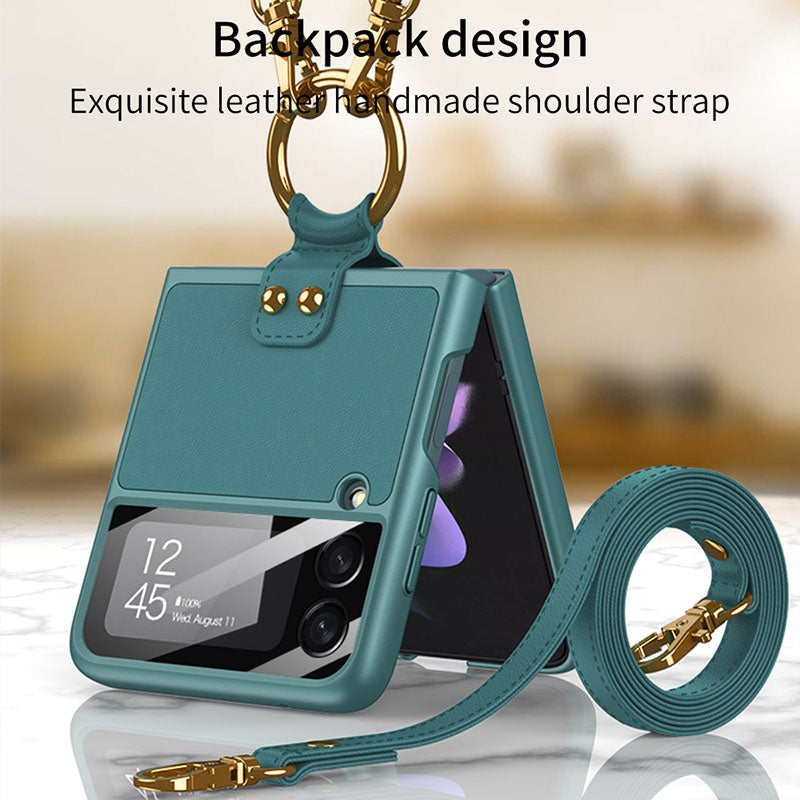 Original Leather Back Screen Tempered Glass Hard Frame Cover With Finger-Ring And Lanyard For Samsung Z Flip 3 5G