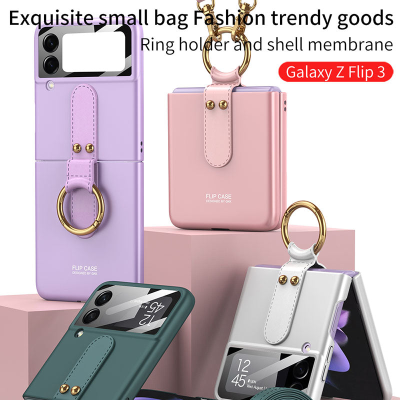 Original Back Screen Glass Matte Hard Cover With Finger-Ring And Lanyard For Samsung Z Flip3 5G