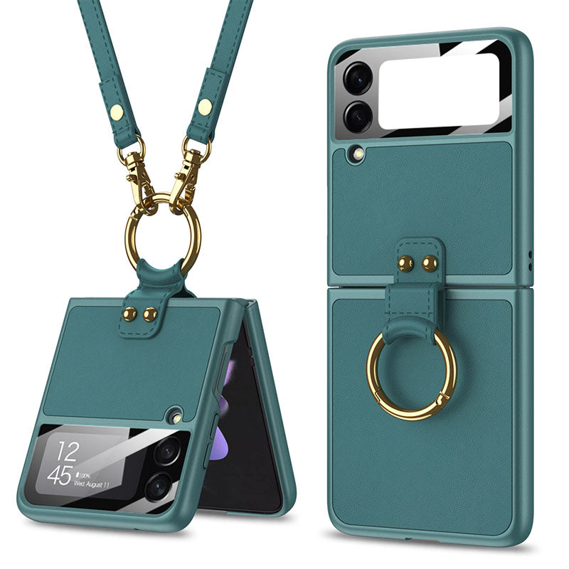 Original Leather Back Screen Tempered Glass Hard Frame Cover With Finger-Ring And Lanyard For Samsung Z Flip 3 5G