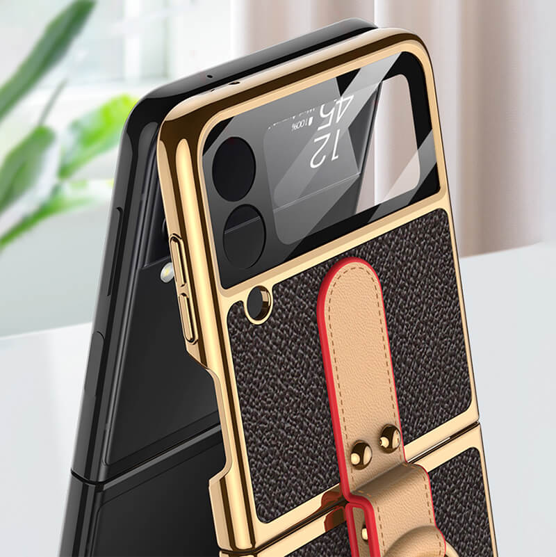 Luxury Leather Back Screen Tempered Glass Hard Frame Cover For Samsung Z Flip 3 5G With Lanyard
