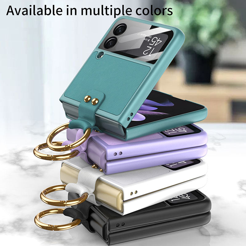 Original Leather Back Screen Tempered Glass Hard Frame Cover With Finger-Ring And Lanyard For Samsung Z Flip 3 5G