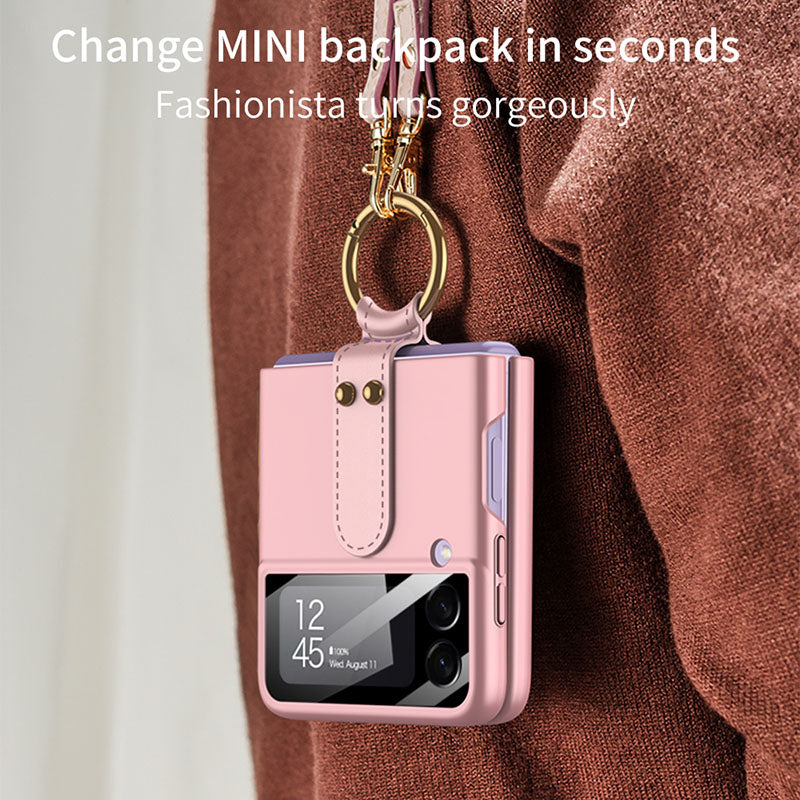 Original Back Screen Glass Matte Hard Cover With Finger-Ring And Lanyard For Samsung Z Flip3 5G