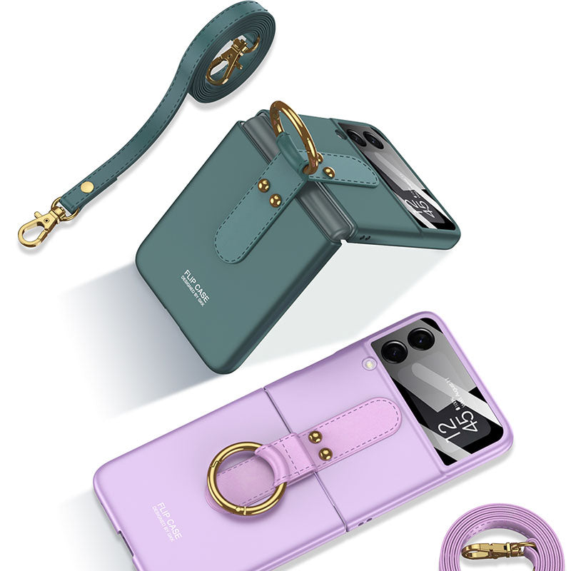 Original Back Screen Glass Matte Hard Cover With Finger-Ring And Lanyard For Samsung Z Flip3 5G
