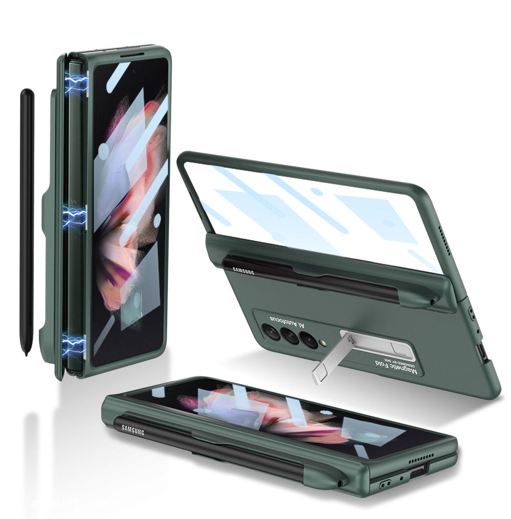 Magnetic Frame Plastic Stand Tempered Glass Screen All-included Case With Pen Slot For Samsung Galaxy Z Fold 3 5G