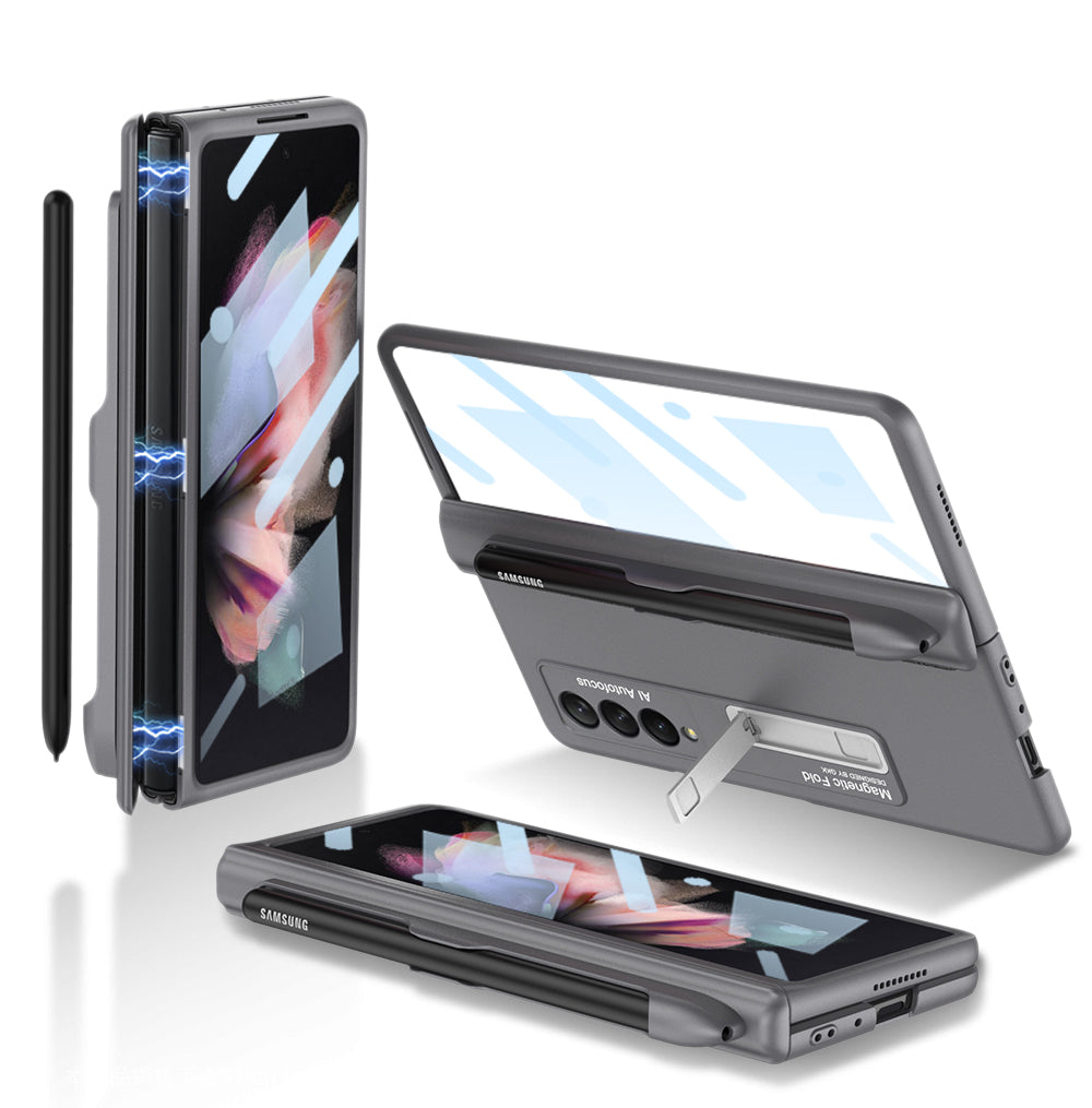 Magnetic Frame Plastic Stand Tempered Glass Screen All-included Case With Pen Slot For Samsung Galaxy Z Fold 3 5G