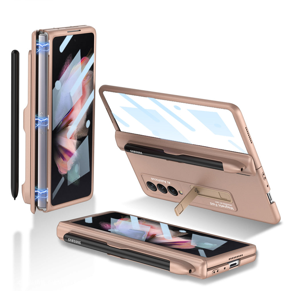 Magnetic Frame Plastic Stand Tempered Glass Screen All-included Case With Pen Slot For Samsung Galaxy Z Fold 3 5G