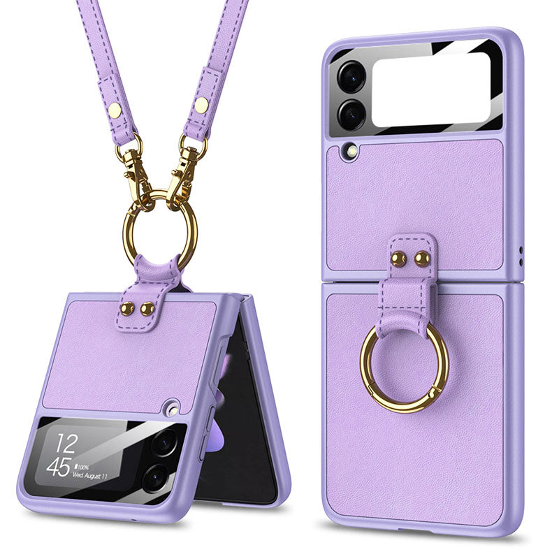 Original Leather Back Screen Tempered Glass Hard Frame Cover With Finger-Ring And Lanyard For Samsung Z Flip 3 5G