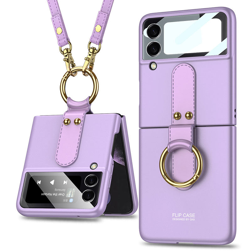Original Back Screen Glass Matte Hard Cover With Finger-Ring And Lanyard For Samsung Z Flip3 5G