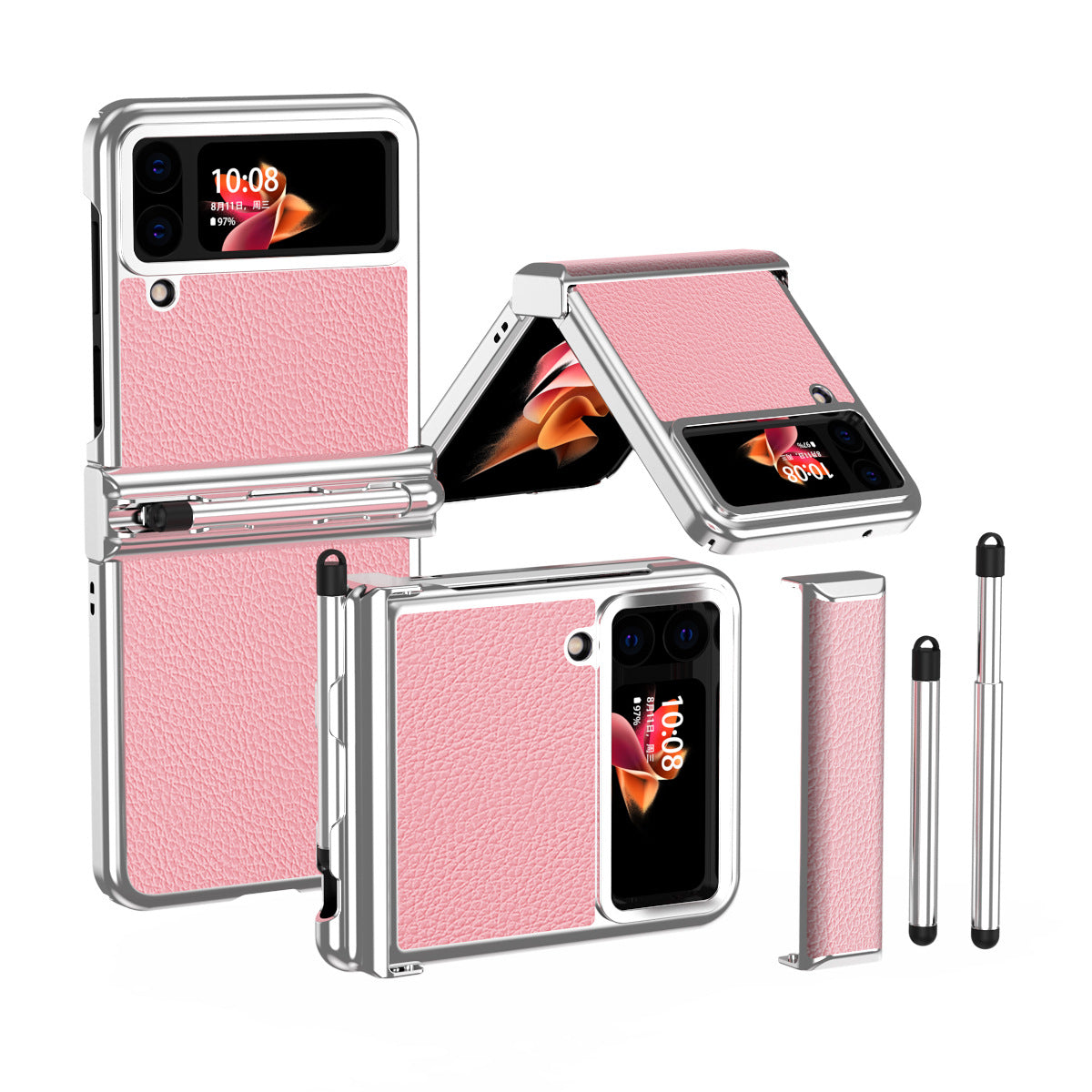 Luxury Leather Case For Samsung Galaxy Z Flip6/Flip5/Flip4/Flip3 With Double Hinge + Retractable Stylus
