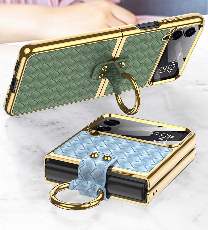 Leather Weaving Case For Samsung Galaxy Z Flip4 5G With Back Screen Protector And Ring Holder