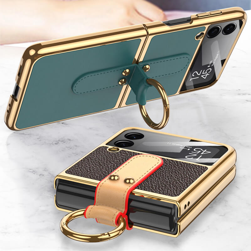 Luxury Leather Back Screen Tempered Glass Hard Frame Cover For Samsung Z Flip 3 5G With Lanyard