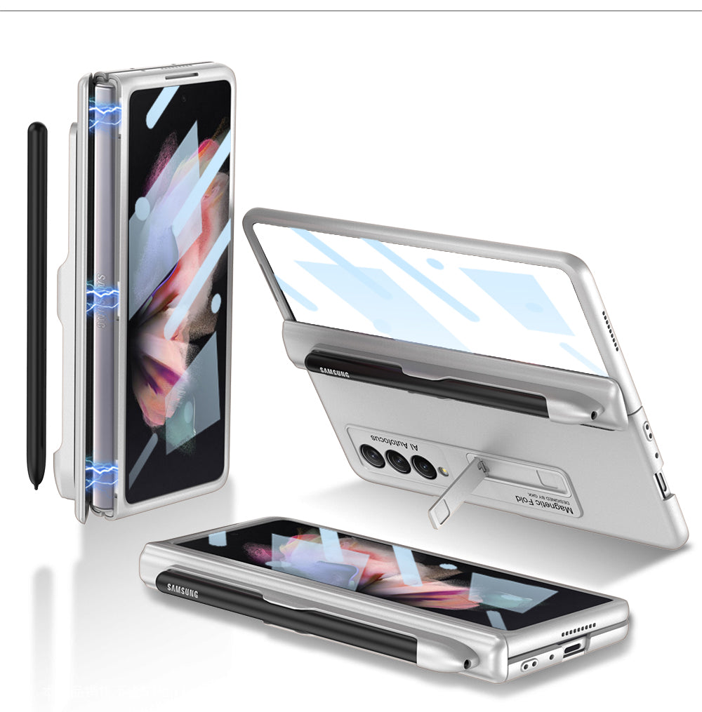 Magnetic Frame Plastic Stand Tempered Glass Screen All-included Case With Pen Slot For Samsung Galaxy Z Fold 3 5G