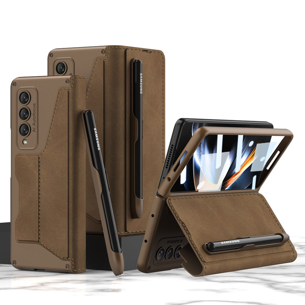 Leather Wallet Samsung Galaxy Z Fold4 5G Case With Detachable Velcro Pen Slot