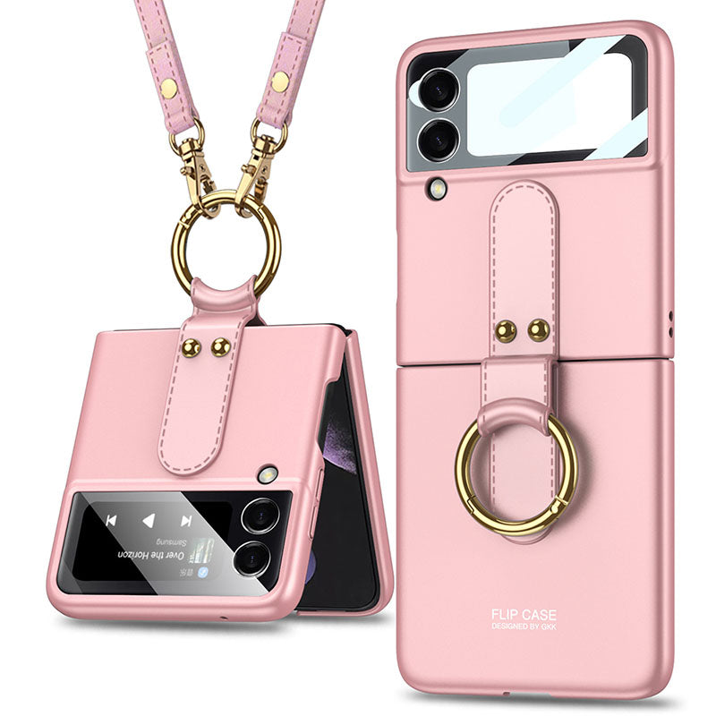 Original Back Screen Glass Matte Hard Cover With Finger-Ring And Lanyard For Samsung Z Flip3 5G
