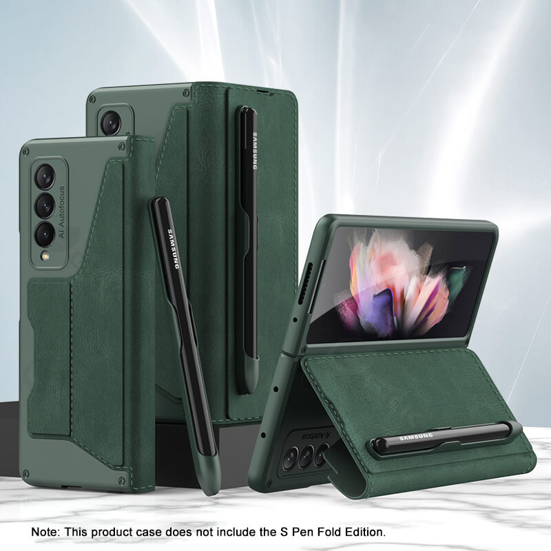 Leather Pen Holder Armor Back Case For Samsung Galaxy Z Fold 3 5G