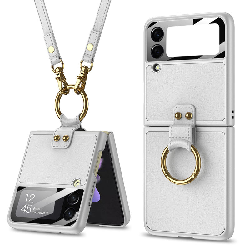 Original Leather Back Screen Tempered Glass Hard Frame Cover With Finger-Ring And Lanyard For Samsung Z Flip 3 5G