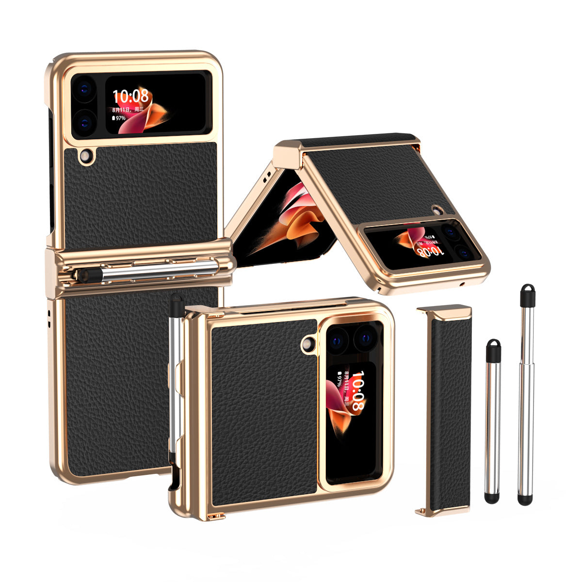 Luxury Leather Case For Samsung Galaxy Z Flip6/Flip5/Flip4/Flip3 With Double Hinge + Retractable Stylus