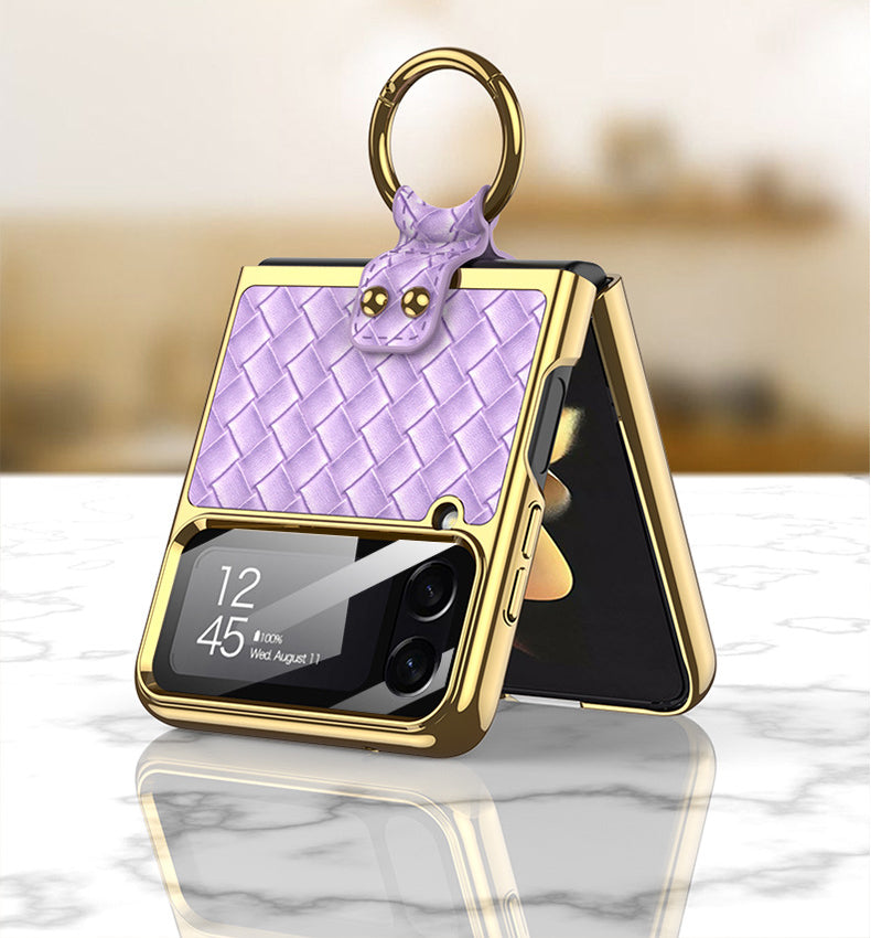 Leather Weaving Case For Samsung Galaxy Z Flip4 5G With Back Screen Protector And Ring Holder