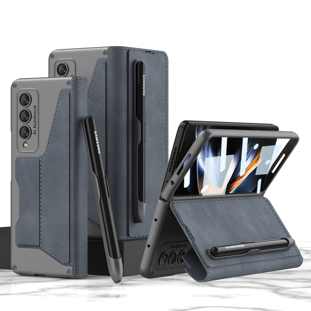 Leather Wallet Samsung Galaxy Z Fold4 5G Case With Detachable Velcro Pen Slot