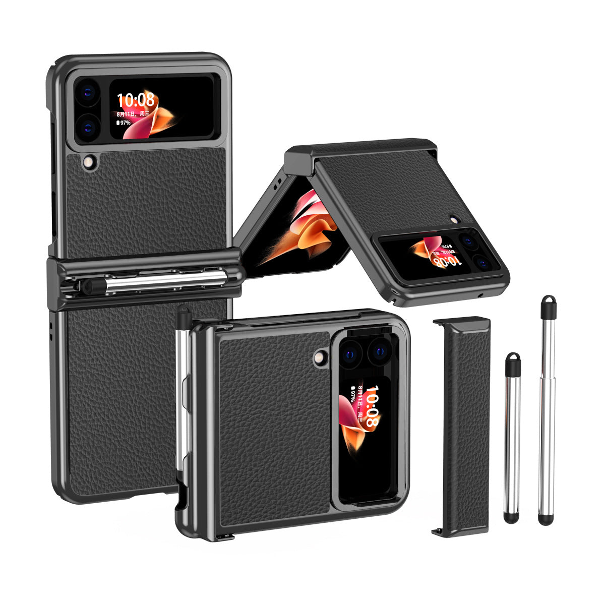 Luxury Leather Case For Samsung Galaxy Z Flip6/Flip5/Flip4/Flip3 With Double Hinge + Retractable Stylus