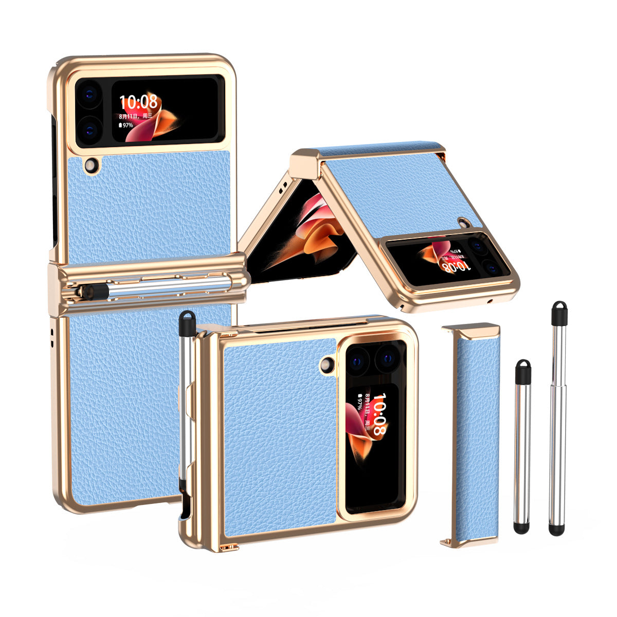 Luxury Leather Case For Samsung Galaxy Z Flip6/Flip5/Flip4/Flip3 With Double Hinge + Retractable Stylus