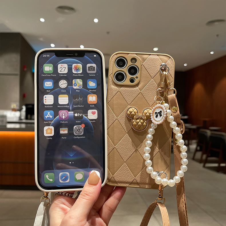 Stylish Leather Mickey iPhone Case With Pearl Bracelet + Strap