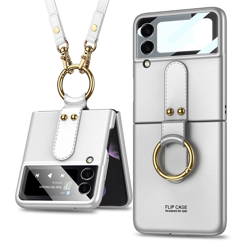 Original Back Screen Glass Matte Hard Cover With Finger-Ring And Lanyard For Samsung Z Flip3 5G