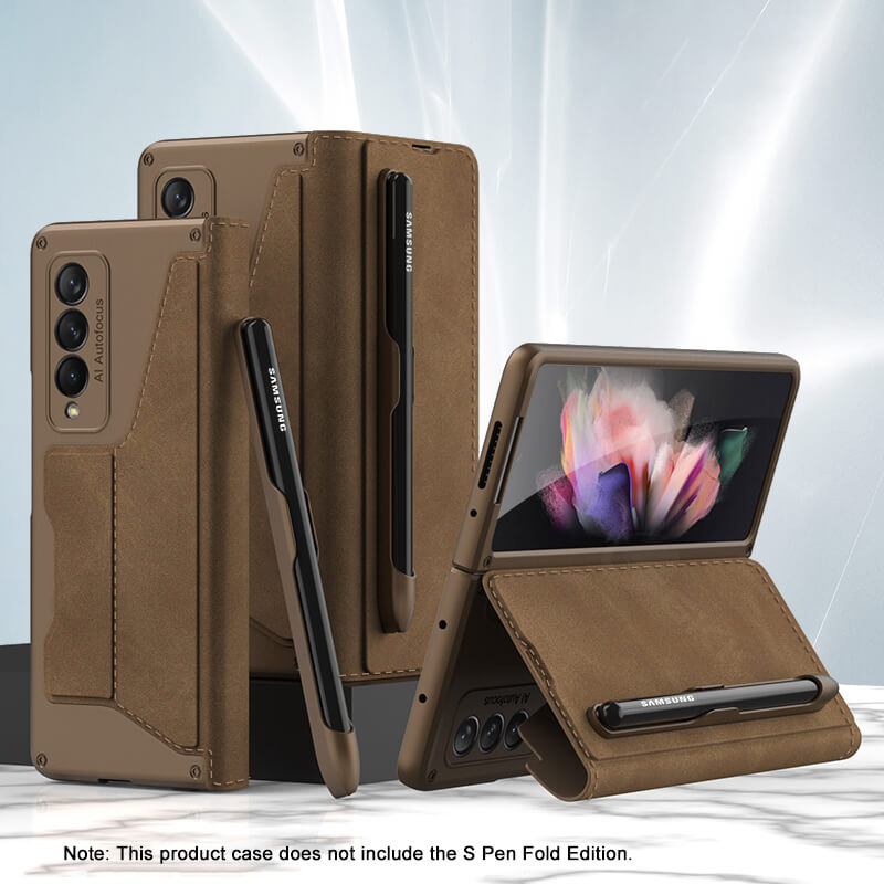 Leather Pen Holder Armor Back Case For Samsung Galaxy Z Fold 3 5G