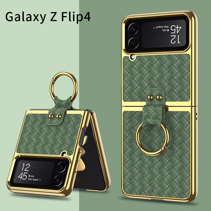 Leather Weaving Case For Samsung Galaxy Z Flip4 5G With Back Screen Protector And Ring Holder