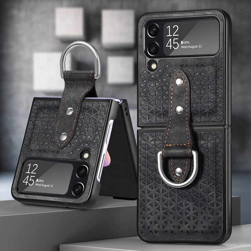 Leather Cutout Pattern Ring Galaxy Z Flip4 5G Case Support Wireless Charging