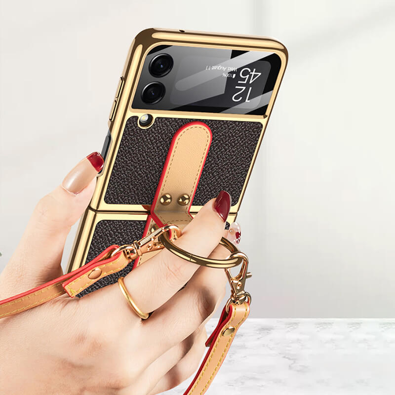 Luxury Leather Back Screen Tempered Glass Hard Frame Cover For Samsung Z Flip 3 5G With Lanyard