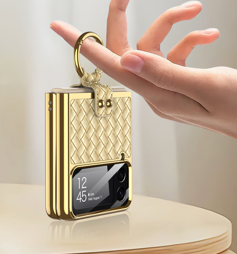 Leather Weaving Case For Samsung Galaxy Z Flip4 5G With Back Screen Protector And Ring Holder